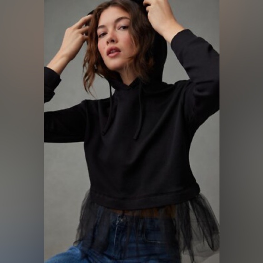 Pilcro Black Cropped Hoodie with Tulle Hem